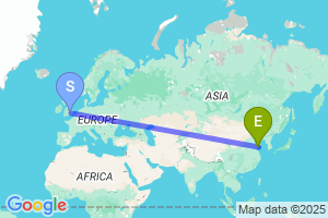 Map of the flight from London Luton to Qingdao
