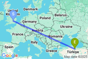 Map of the flight from London Luton to Tokat