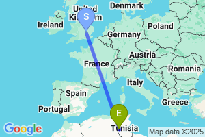 Map of the flight from London Luton to Tozeur