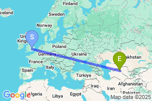 Map of the flight from London Luton to Urgench