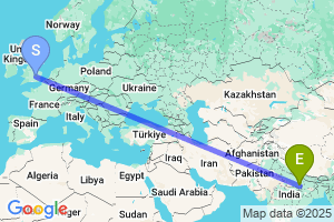 Map of the flight from London Luton to Varanasi