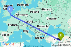 Map of the flight from London Southend to Adiyaman