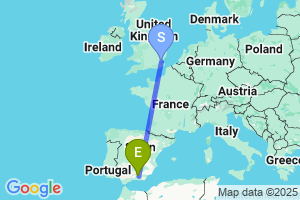 Map of the flight from London Southend to Granada