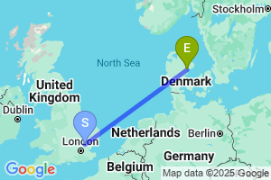 Map of the flight from London Stansted to Aarhus