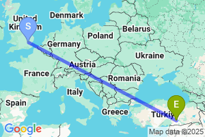 Map of the flight from London Stansted to Adiyaman