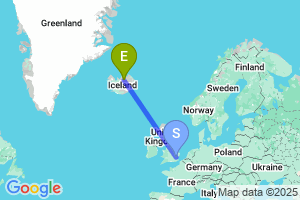 Map of the flight from London Stansted to Akureyri