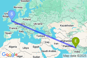 Map of the flight from London Stansted to Agra