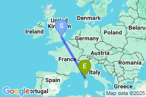 Map of the flight from London Stansted to Ajaccio