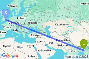 Map of the flight from London Stansted to Aizawl