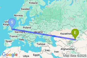 Map of the flight from London Stansted to Almaty