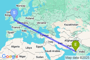 Map of the flight from London Stansted to Ahmedabad