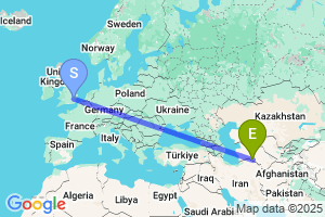 Map of the flight from London Stansted to Ashgabat