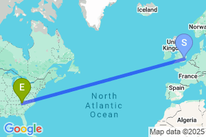 Map of the flight from London Stansted to Asheville