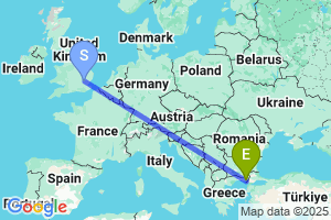 Map of the flight from London Stansted to Alexandroupolis Dimokritos