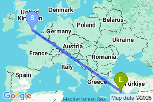 Map of the flight from London Stansted to Antalya