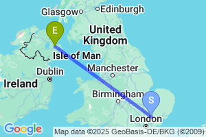 Map of the flight from London Stansted to Belfast