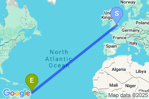 Map of the flight from London Stansted to Bridgetown