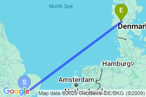 Map of the flight from London Stansted to Billund