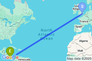 Map of the flight from London Stansted to Bocas Del Toro