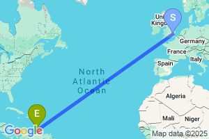 Map of the flight from London Stansted to Bonaire