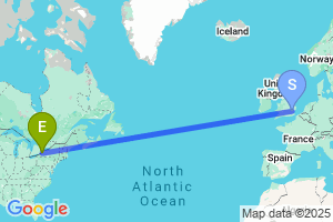 Map of the flight from London Stansted to Buffalo