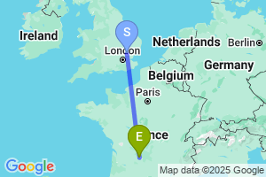 Map of the flight from London Stansted to Brive Vallée de la Dordogne