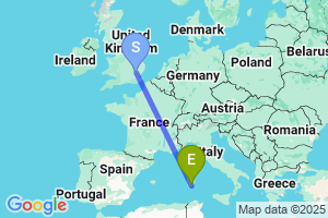 Map of the flight from London Stansted to Cagliari