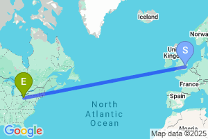 Map of the flight from London Stansted to Akron