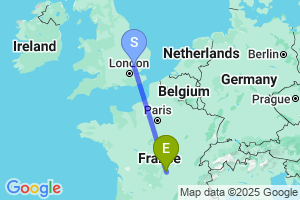 Map of the flight from London Stansted to Clermont-Ferrand