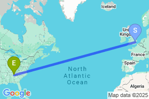 Map of the flight from London Stansted to Chattanooga