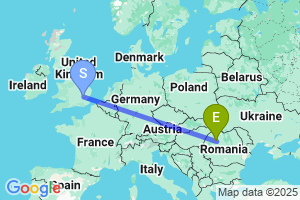 Map of the flight from London Stansted to Cluj-Napoca