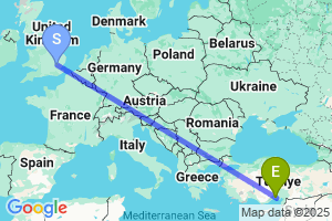 Map of the flight from London Stansted to Çukurova International