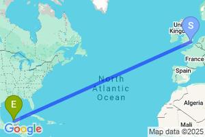 Map of the flight from London Stansted to Campeche