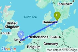 Map of the flight from London Stansted to Copenhagen