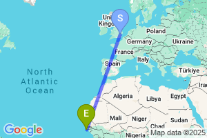 Map of the flight from London Stansted to Cap Skirring