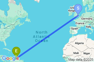 Map of the flight from London Stansted to Curacao