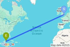 Map of the flight from London Stansted to Cozumel