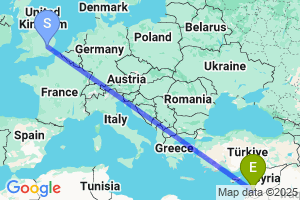 Map of the flight from London Stansted to Damascus