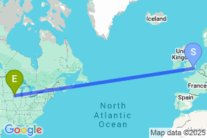 Map of the flight from London Stansted to Dubuque