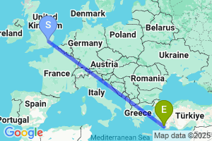 Map of the flight from London Stansted to Dalaman