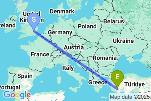 Map of the flight from London Stansted to Denizli Cardak