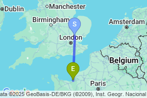 Map of the flight from London Stansted to Deauville St. Gatien