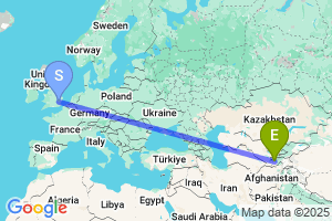 Map of the flight from London Stansted to Dushanbe