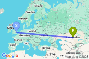 Map of the flight from London Stansted to Zhezkazgan