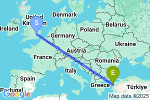 Map of the flight from London Stansted to Edremit / Korfez