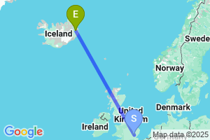 Map of the flight from London Stansted to Egilsstadir