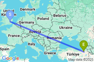 Map of the flight from London Stansted to Erzurum