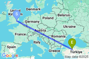 Map of the flight from London Stansted to Ankara Esenboga