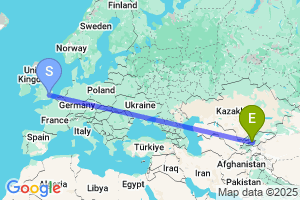 Map of the flight from London Stansted to Fergana