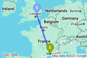 Map of the flight from London Stansted to Nimes